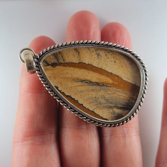 Sterling Silver Picture Jasper Pendant Teardrop Earth Tone 2.5" with Chain - Picture 8 of 9